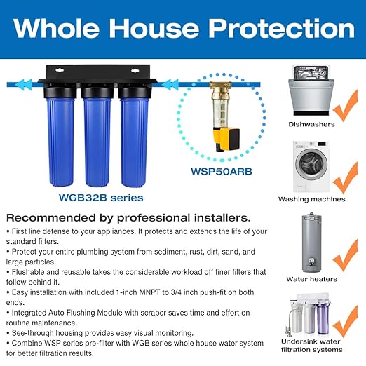 iSpring WGB32B+AHPF12MNPT16X2 3-Stage Whole House Water Filter System, Reduces Chlorine, Sediment Home Water Filtration System w/ 3/4'' Push-Fit Braided Stainless Steel Hose Connectors