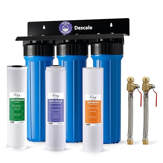 iSpring WGB32B-DS+AHPF12MNPT16X2 Anti-Scale Whole House Water Filter System w/ 3/4'' Push-Fit Stainless Steel Hose Connectors, Reduces Sediment, Scale, Chlorine, Corrosion Water Descaler Filter