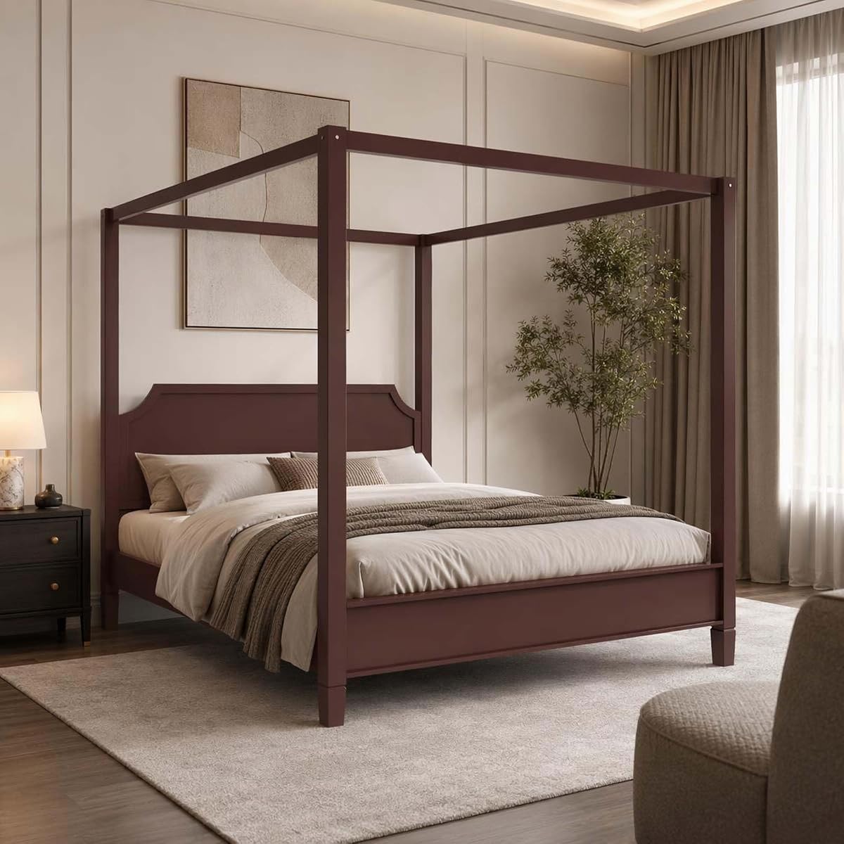Walnut Wooden Canopy Bed Frame Queen with Tall Headboard