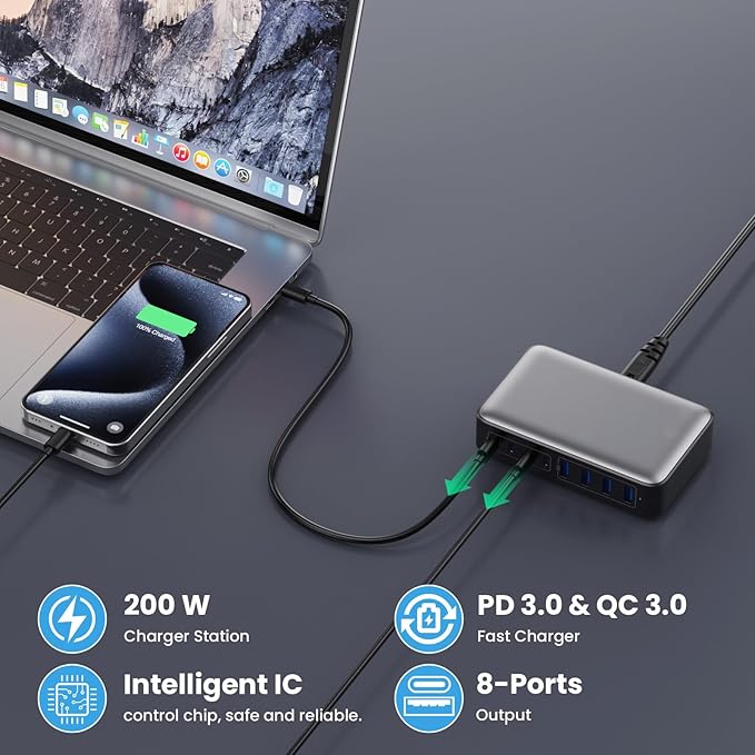 USB C Charger 200W USB C Charger Block,Upgraded GaN III 8-Port Fast Charging Station Hub,PD 65W Laptop Charging Adapter Compatible with MacBook Pro/Air,DELL,Steam Deck,iPhone 16/15/14,Galaxy S23/22