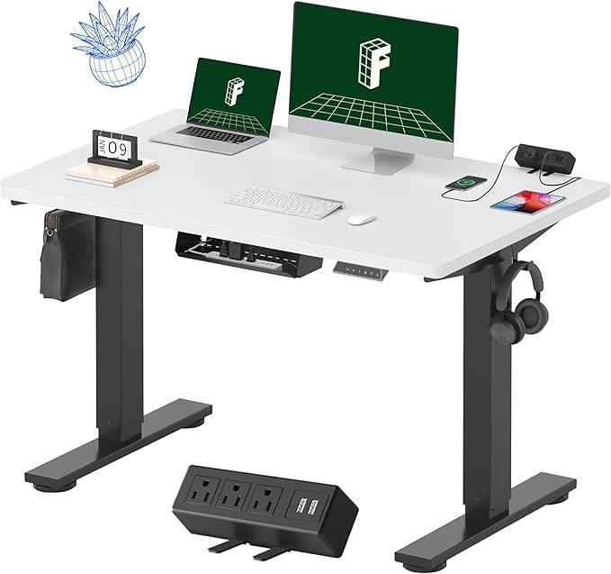 FLEXISPOT EN2 Whole-Piece Standing Desk with Clamp Power Strip, 48 x 30 Electric Stand Up Height Adjustable Desk with Cable Management (Black Frame + 48" White Top, 2 Packages)