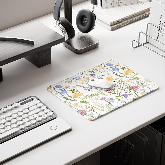 Auhoahsil Mouse Pad, 12 x 10 in Simple Flower Theme Computer Mouse Pad for Desk, Premium-Textured Non-Slip Rubber Stitched Edges Waterproof Square Mouse Mat for Gaming Work Wireless Mice, White