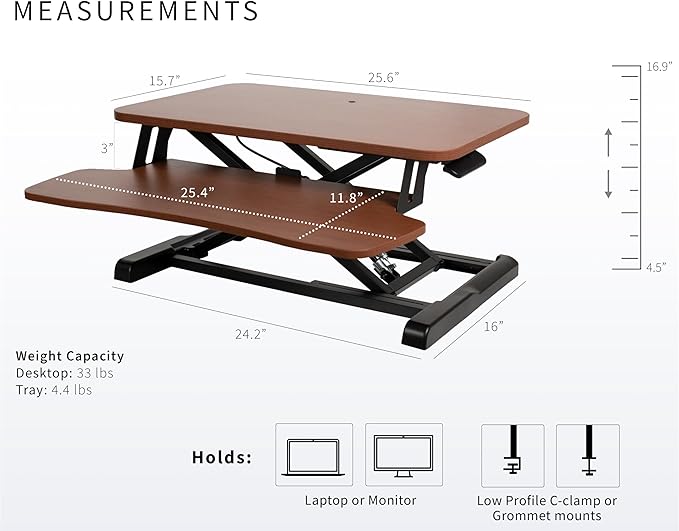 VIVO 26 inch Desk Converter, K Series, Height Adjustable Sit to Stand Riser, Dual Monitor and Laptop Workstation with Keyboard Tray, Dark Walnut Top, Black Frame, DESK-V026KA