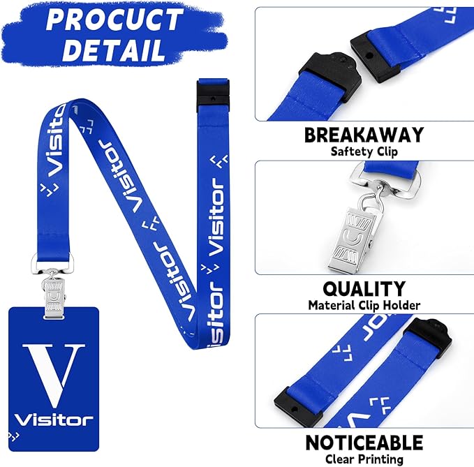 PerKoop 25 Pack Visitor Badge Lanyards Volunteer Badge Holder with Clips ID Card Holder with PVC Pass Card Reusable Breakaway Lanyards for Company Exhibition Guest Visitor(Blue)