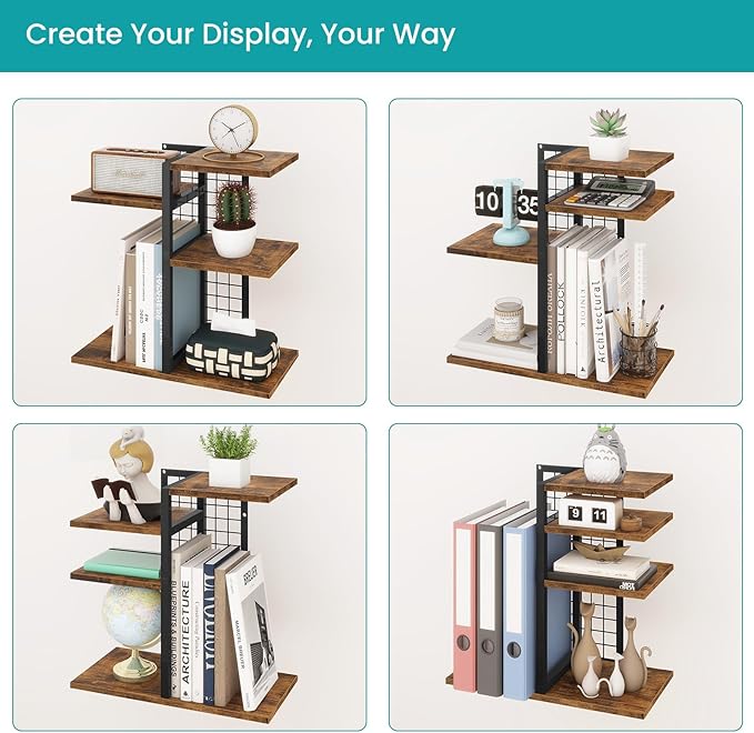 ELITEROO Desktop Shelf Organizer, 4-Tier Wooden Desk Bookshelf, Small Tabletop Book Shelf, Adjustable Display Rack for Home, Office, Dorm, Rustic Brown
