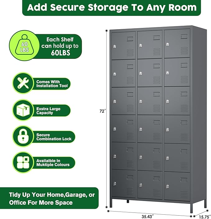 SUPEER Metal Lockers for Employees with 18 Door,Metal Storage Locker with Lock for School Garage Gym Office Home Bedroom,Assembly Required,18 Doors Dark Grey
