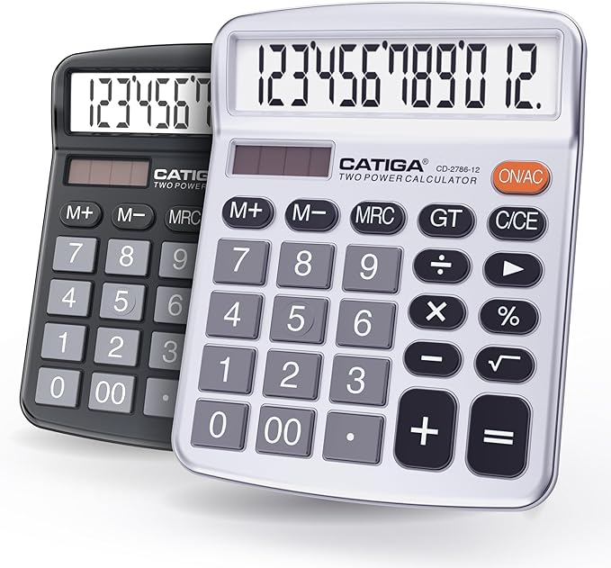 CATIGA Desktop Calculator (2 Pack) 12 Digit with Large LCD Display and Sensitive Button, Solar and Battery Dual Power, Standard Function for Office, Home, School, CD-2786 (Black/Silver)