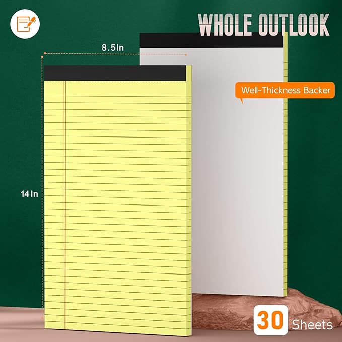 Legal Pads 8.5 x 14 Note Pads, 2 Pack Writing Pads Wide Ruled Notepads, Micro Perforated Yellow Legal Pad 8.5 x 14, Double-Side Printed Lined Paper 30 Sheets Per Note Pads for Home, Office, School