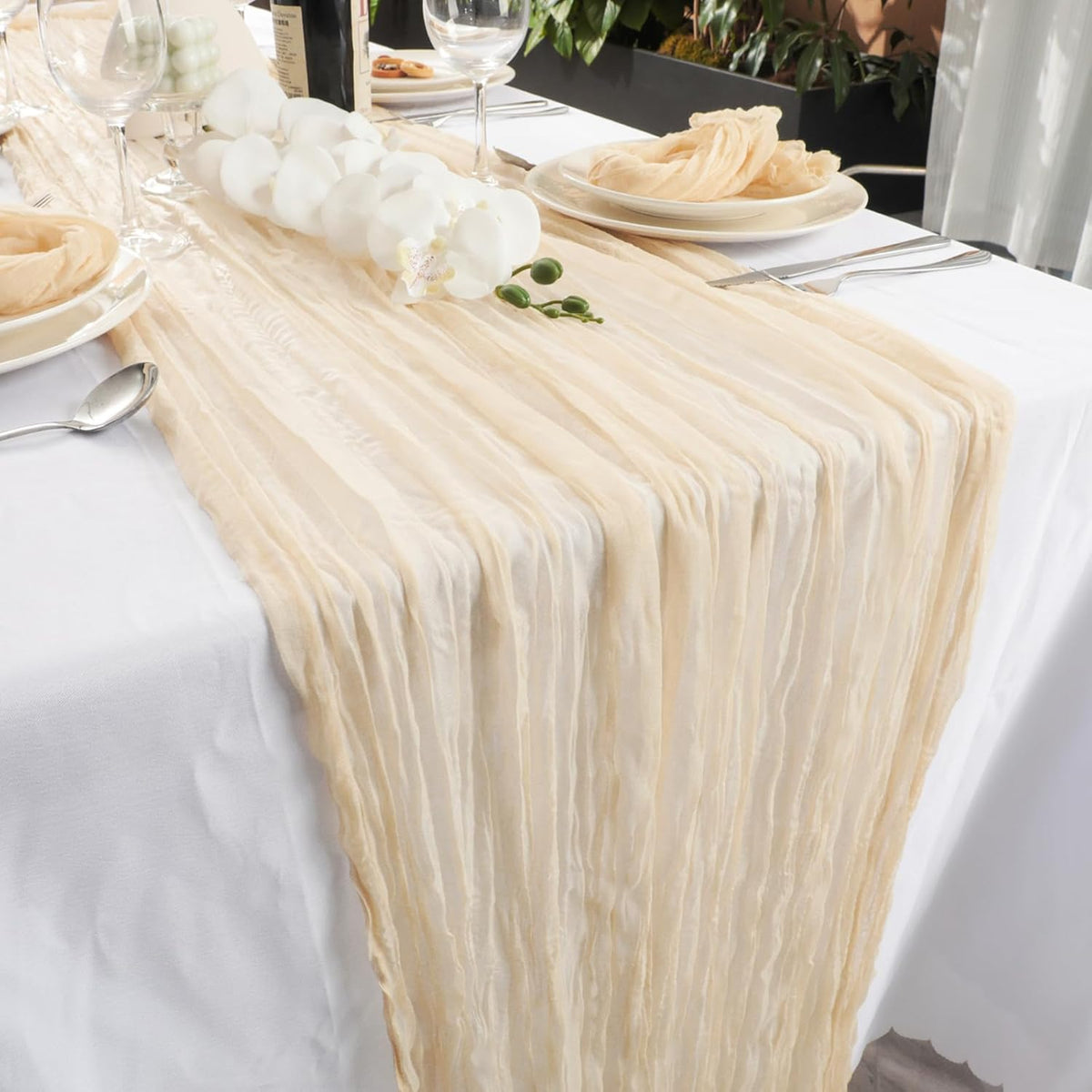 NESCCI 2 PCS Beige Table Runner,Rustic Boho Cheesecloth Table Runner,35x120 Inches Beige Runners for Tables, Pefect for Mothers Day Wedding Baby Shower Birthday Party Home Decorations
