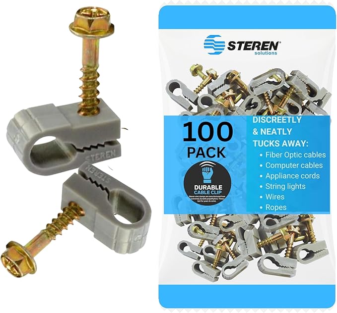 STEREN Coaxial Cable Clips - Cable Holder - Wire Clips - Siding Clips for Hanging - Cord Holder for Desk - Cable Clamps (Gray, 100 Count - Single Screw)