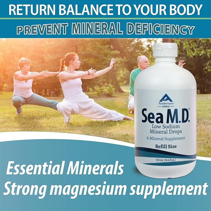 Anderson Sea M.D. New Refill Size Concentrated Trace Mineral Drops, Ionic Electrolyte Magnesium Supplement, Aids in Muscle Cramps, Liquid Magnesium, Easy to Take, 550mL, 275 Servings