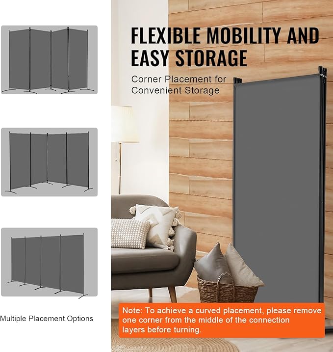VEVOR Room Divider, 4 Panel Room Divider, Folding Privacy Screen and Portable Partition Divider for Room Separation, Freestanding Room Partitions for Office, Bedroom, Study, Grey