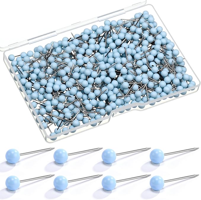 WILLBOND 500 Pack Map Push Pins Map Tacks Small Round Head Push Pins Thumb Tacks for Travel Picture Photo Bulletin Board Wall DIY Craft School Office Home(Light Blue,1/6 Inch)