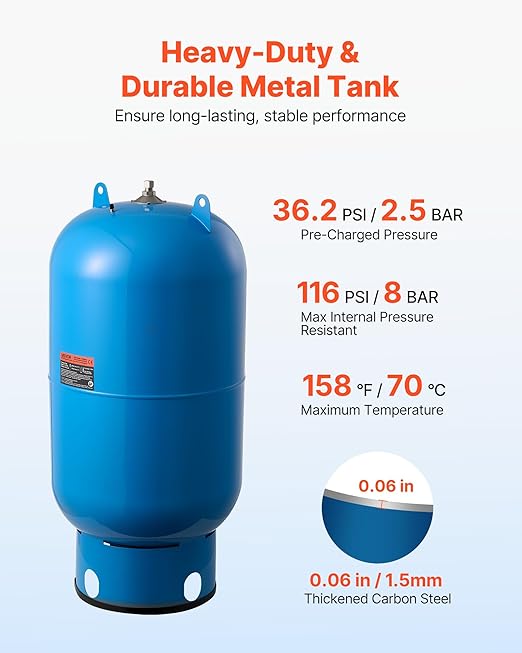 VEVOR 34-Gallon Vertical Well Pressure Tank, Pre-Charged Pressurized Water Tank for Well Pumps, Heavy-Duty Carbon Steel Water Storage Container for Home, School, Farm & Irrigation Systems