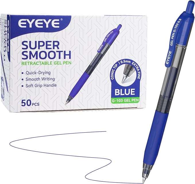 EYEYE G-103 Retractable Gel Pen 0.5mm, 50 Pack Extra Fine Point Blue Ink Pens Quick Drying, Ballpoint Pen Fine Point Smooth Writing Pens for for Office School Supplies