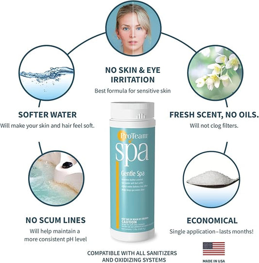 ProTeam Gentle Spa Hot Tub Water Softener & Conditioner — Softens Hard Water, Prevents Scum Lines & Skin Irritation, Borate pH Stabilizer — Fresh Scent, 1.5 lb + SplashWiz Care e-Book