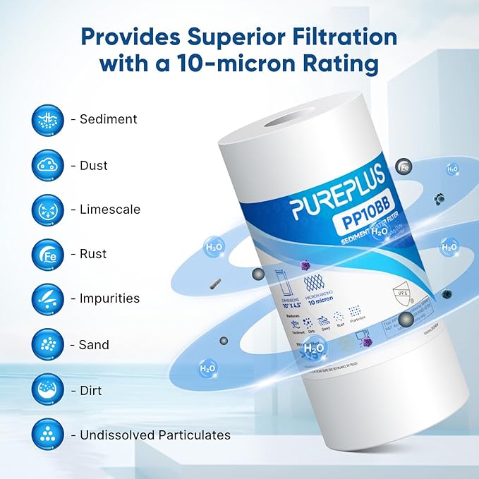 PUREPLUS 10 Micron 10" x 4.5" Whole House Sediment Home Water Filter Replacement Cartridge for Culligan RFC-BBSA, HD-950, WFHD13001B, W15-PR, GXWH30C, GXWH35F, Aqua-Pure AP817, PP10BB, 2PACK