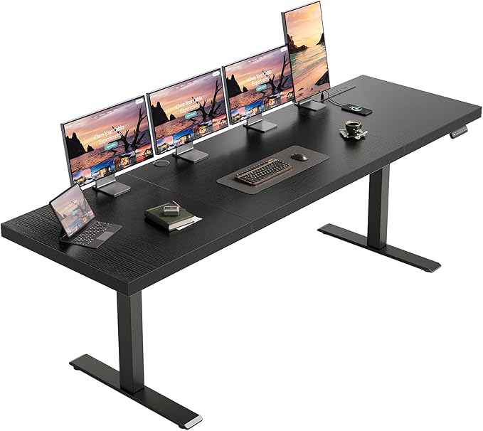 OffiGo 79 Inch Executive Electric Standing Desk, Height Adjustable Desk with Power Outlet & 1.38" Thick 3-Piece Desktop, Sit Stand Computer Desk for Home, Office, Conference Room, Black