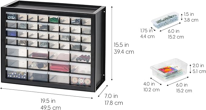 IRIS USA Screw Tool Organizer Small Parts Cabinet, 44-Drawer, Electronics Hardware Nuts and Bolts Plastic Storage Drawers Garage Storage, Stackable Bead Craft Organizer Building Bricks Sorter, Black