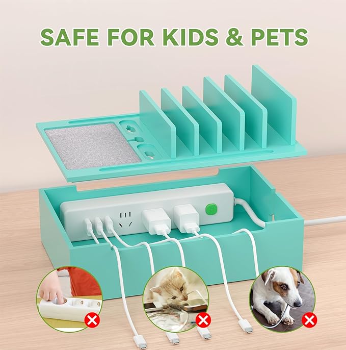 Pezin & Hulin Bamboo Charging Station, Electronic Devices Organizer for Multiple Devices Charger Such As Cell Phone, Tablet, Watch and More, Teal, (No USB Charger and Cables