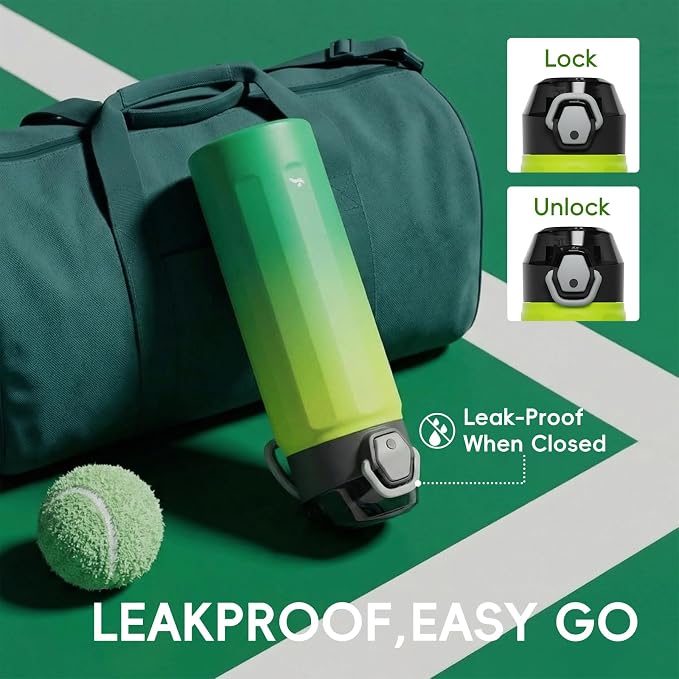 Konokyo FLOWPLAY 25oz Locking Push-Button Water Bottle with Silicone Spout,Leak-Proof,18/8 Stainless Steel Double-Wall Vacuum Insulated for Sports and Travel,BPA-Free,Matcha Green