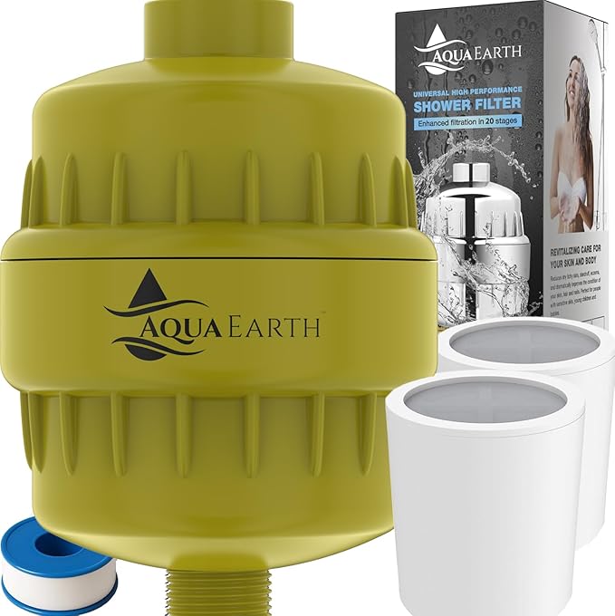 Shower Head Filter For Hard Water Gold 20 Stages to Remove Chlorine Fluoride Water Softener Coconut Shell Activated Carbon Reduces Dry Itchy Skin Heavy Metals Other Sediments Vitamin C Aqua Earth