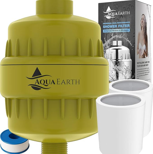 Shower Head Filter For Hard Water Gold 20 Stages to Remove Chlorine Fluoride Water Softener Coconut Shell Activated Carbon Reduces Dry Itchy Skin Heavy Metals Other Sediments Vitamin C Aqua Earth