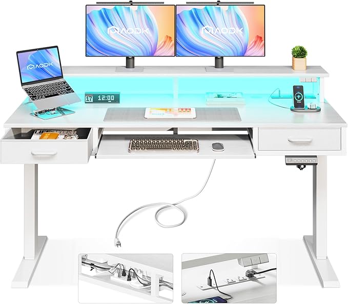 AODK Electric Standing Desk with Drawers & Keyboard Tray, 55 Inch Height Adjustable Gaming Desk with Power Outlets & LED Lights, Sit Stand Table with Monitor Stand for Home, Office, White