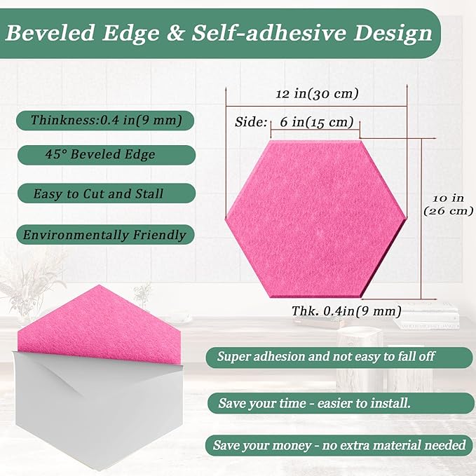 Hexagonal Acoustic Panels-12 Pack High-Density Sound Absorbing Panels 12"X10"X0.4" for Enhanced Noise Reduction, DIY Design, Idea for Studios, Offices, and Home Theaters(Peach Pink)