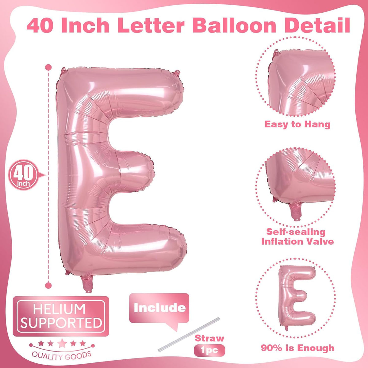 40 Inch Pastel Pink ONE Balloon for 1st Birthday - Light Pink Letters With Ribbon - Baby Pearl Alphabet for Girls First Birthday, 1 Year Old Baby Shower Party Decorations