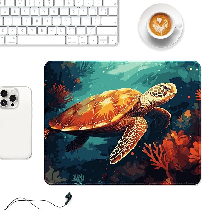 Auhoahsil Mouse Pad, 12 x 10 in Animals Theme Computer Mouse Pad for Desk, Premium-Textured Non-Slip Rubber Stitched Edges Waterproof Square Mouse Mat for Gaming Work Wireless Mice, Coral & Turtle