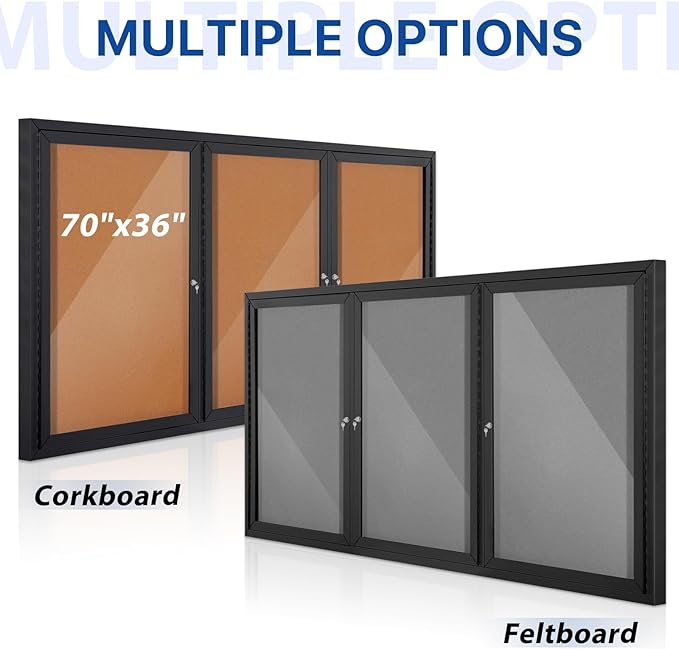 SWANCROWN Outdoor Bulletin Board 70x36in, Enclosed Bulletin Board with Locking Door for Office School Commerce, Grey Felt, Black Aluminum Frame