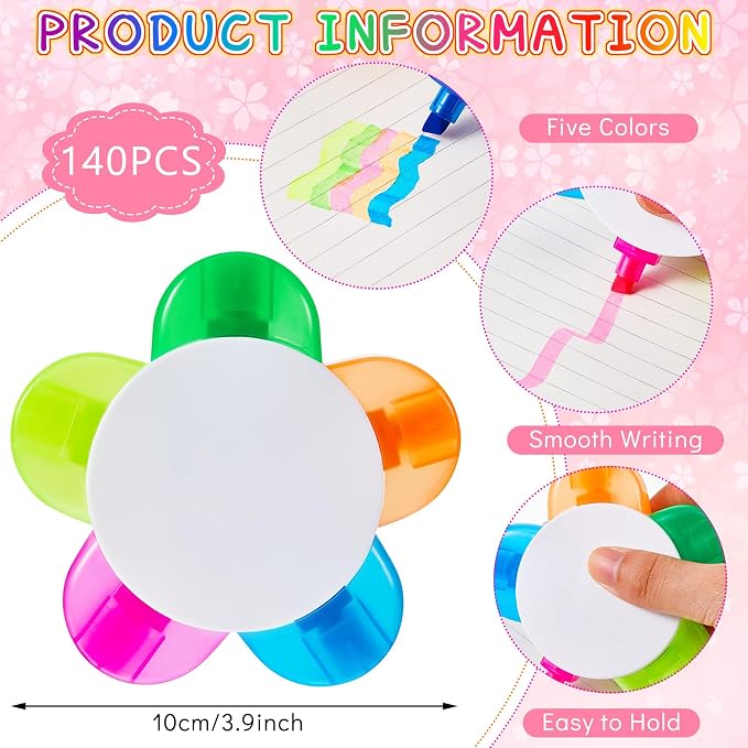 Outus 140 Pieces Petals Highlighters Assorted Colors Back to School Flower Shape Watercolor Highlighter Pens 5-in-1 Fluorescent Pens for Office School Stationery Aesthetic Supplies,5 Colors