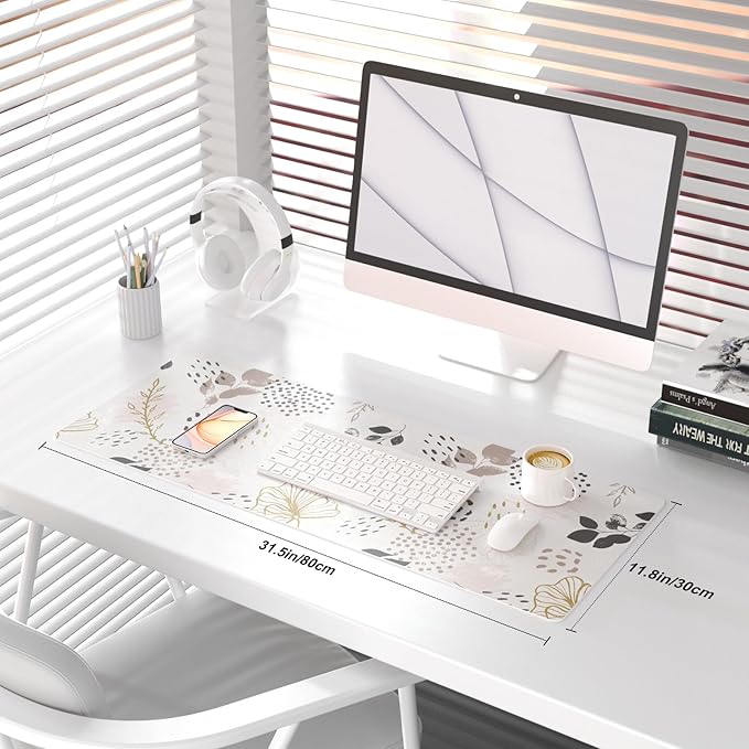 QIYI Large Mouse Pad for Desk, Cute Desk Mat for Desktop, Women Girls Office Décor Desk Accessories, PU Leather Waterproof Gaming Mousepad, Boho Botanical Desk Pad Computer Mat, 31.5" x 11.8"