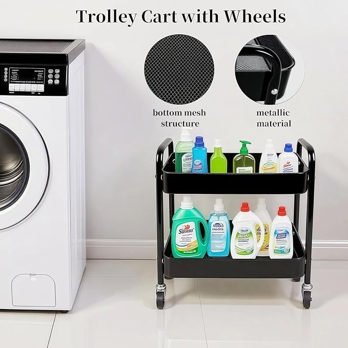 LIWNYRK 2 Tier Rolling Cart with Wheels for Under Desk Storage & Pantry Room, Large Capacity Laundry Room & Makeup Organizer, Sturdy Kitchen Utility Cart for Small Space with 4 Hooks, Black