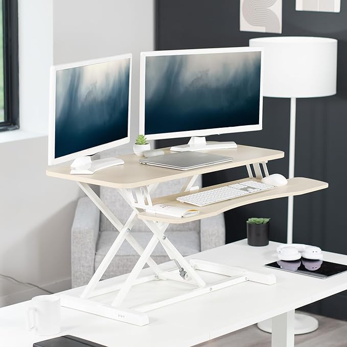 VIVO 36 inch Desk Converter, K Series, Height Adjustable Sit to Stand Riser, Dual Monitor and Laptop Workstation with Wide Keyboard Tray, Light Wood Top, White Frame, DESK-V036KF