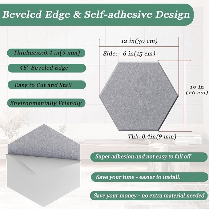 Hexagonal Acoustic Panels-12 Pack High-Density Sound Absorbing Panels 12"X10"X0.4" for Enhanced Noise Reduction, DIY Design, Idea for Studios, Offices, and Home Theaters(Ash Gray)