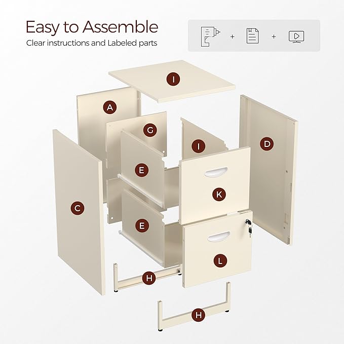 Kubohogar 2 Drawer File Cabinet with Lock,Cream Metal Filing Cabinets,Vertical Locking File Cabinet Fit Hanging Files, Letter,File Box and A4 Documents(Cream)