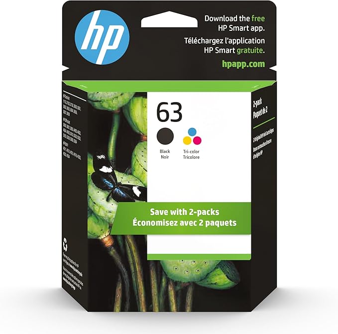 HP 63 Black, Tri-Color Ink Cartridge Printers (2-Pack), Works with DeskJet 1112, 2130, 3630 Series; Envy 4510, 4520; OfficeJet 3830, 4650, 5200, Eligible for Instant Ink, L0R46AN