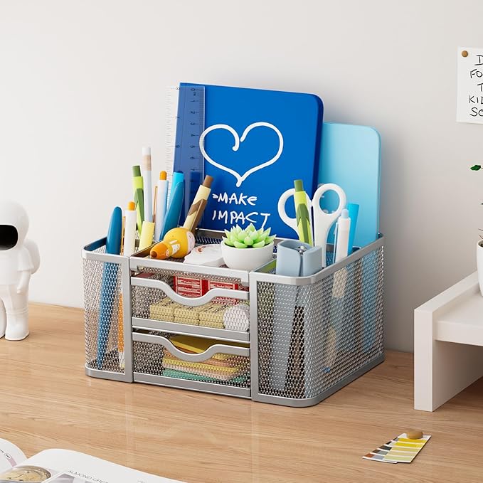 Marbrasse Mesh Desk Organizer, Pen Organizer with 2 Drawer, Multi-Functional Pencil Holder, Desk Organizers and Accessories with 5 Compartments + Drawer for Office Art Supplies (Silver)