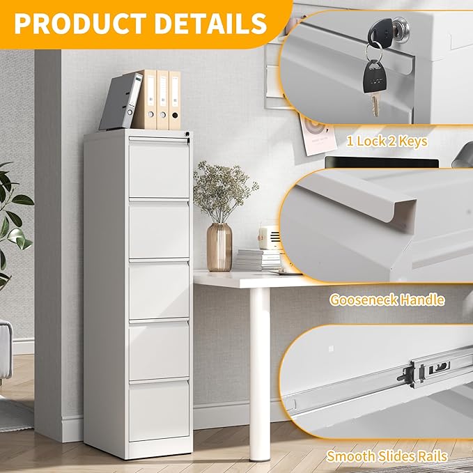 Reegangfa 5 Drawer File Cabinet with Lock, 18" D Metal Vertical Filing Cabinets, Steel File Storage Cabinets for Home Office, Hanging A4 Legal/Letter Size Narrow File Cabinet, Assembly Required