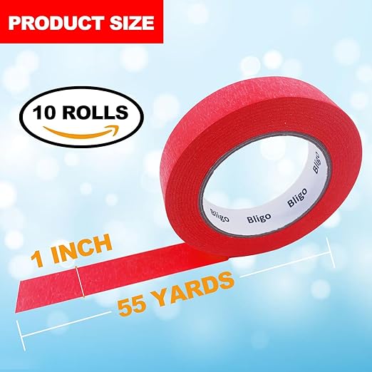 Bligo 10 Pack Red Painters Tape 1 Inch x 55 Yards, Medium Adhesive Masking Tape Bulk (550 Total Yards), Residue-Free for Painting, DIY Crafting, Indoor & Outdoor Use