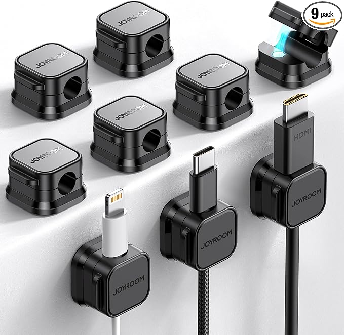 9 Pack Magnetic Cable Clips [Cable Smooth Adjustable] Cord Holder, Under Desk Cable Management, JOYROOM Adhesive Wire Holder Keeper Organizer for Home Office Desk Phone Car Wall Desktop Nightstand