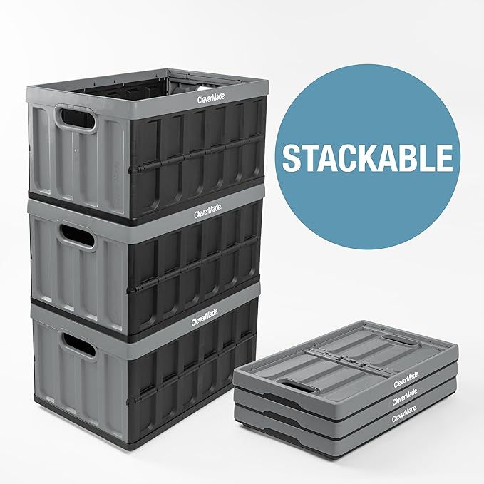 CleverMade Collapsible Storage Bins - Stone 1 Pack 46L - Stackable Containers Heavy Duty Capacity Folding Crates - Space-Saving for Home