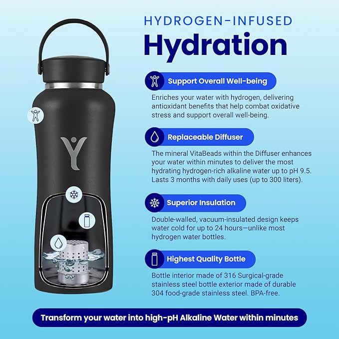 DYLN Hydrogen Water Bottle | Create Hydrating Alkaline Hydrogen-Rich Water Up to 9 pH | Vacuum Insulated Stainless Steel Water Bottle | Keeps Water Cold for 24 Hours