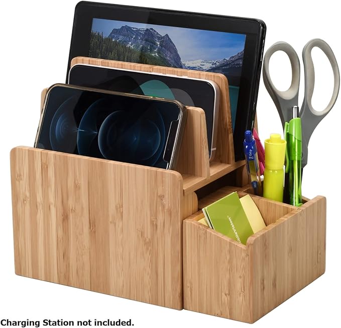 MobileVision Bamboo Caddy Add-On for Bamboo Charging Station Organizers; Compartment and cubby space fits pens, keys, and other small stationary items