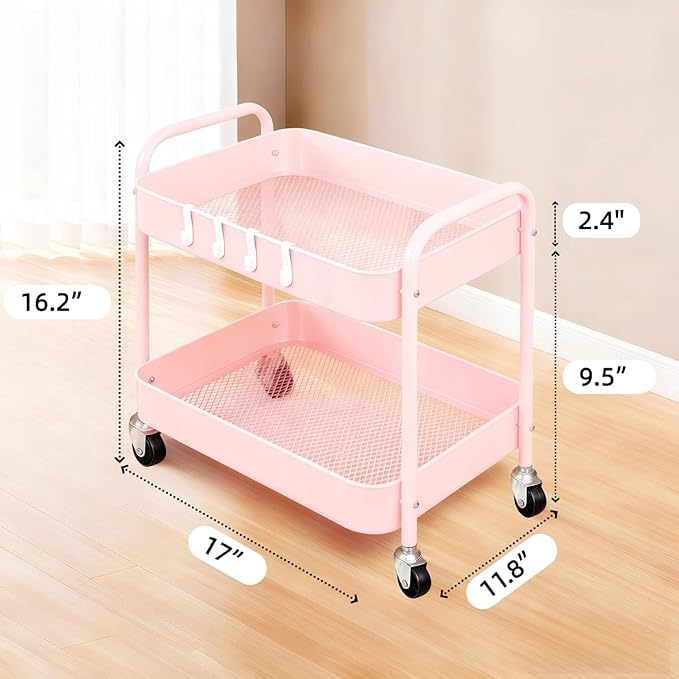 Ufriandz Pink 2 Tier Rolling Cart Metal with Wheels Under Desk Storage Cart for Small Space Organization, Small Trolley for Pantry Room Laundry Bathroom Kitchen Office Art Snack Baby Supplies