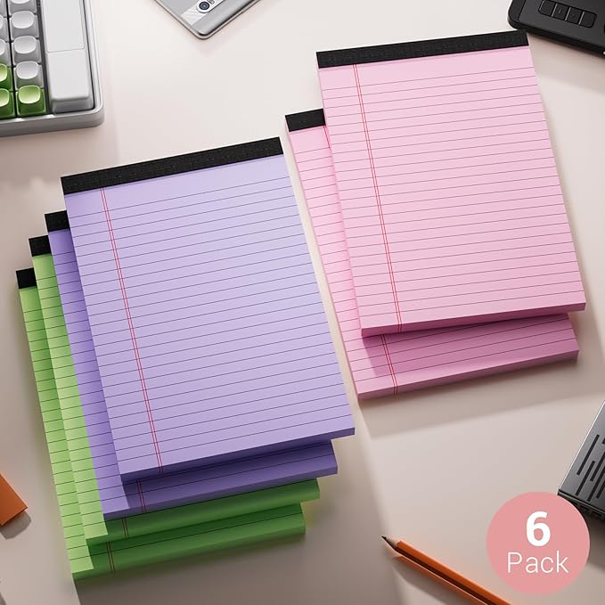 Legal Pads 5x8 Inch, 6 Pack, Narrow Ruled, 5x8 Colored Legal Pad, Mini Double-Sided Printing Notepad Perforated Small Notepad 5x8" Lined Paper, 30 sheets, Colored Writing Pads for Office Home School