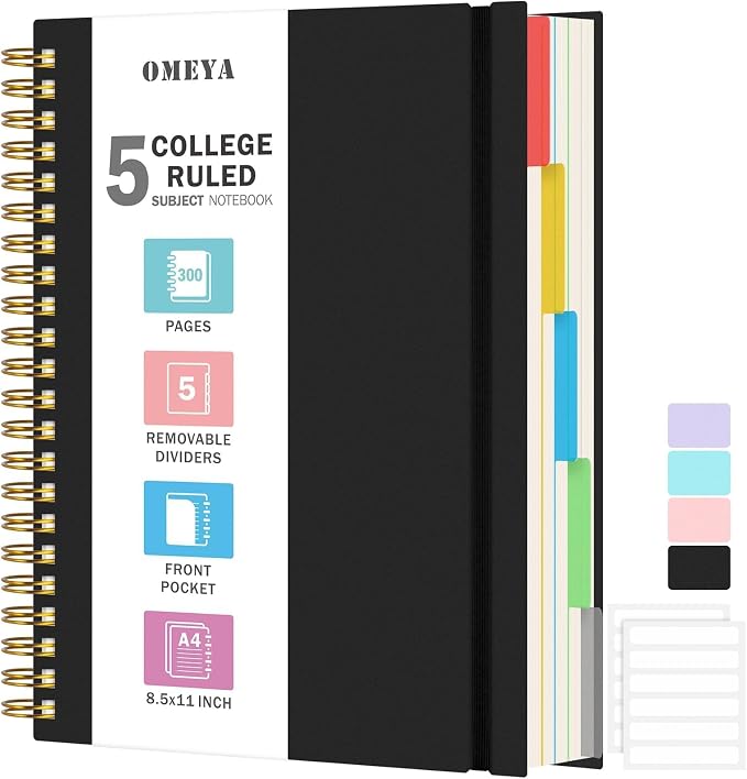 Spiral Notebook 8.5" x 11", 5 Subject Notebooks College Ruled with Dividers | 300 Pages 100GSM Thick Spiral Writing Journal for Women & Men, Large A4 Lined Journal Notebooks for Work, School Supplies