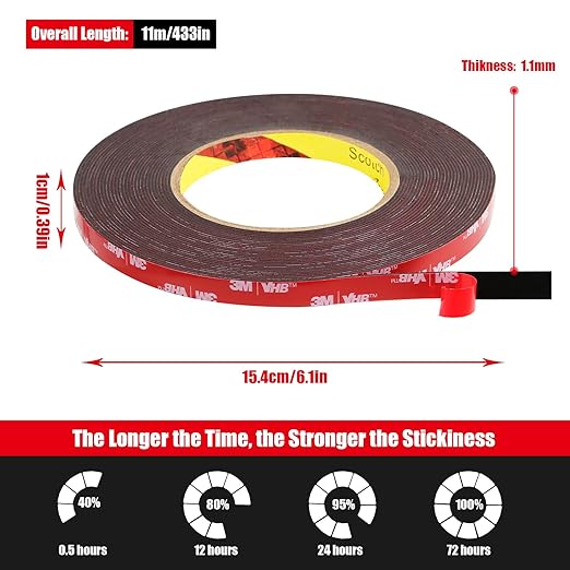 Double Sided Tape Heavy Duty, Waterproof Mounting Foam Tape, 36.5ft Length, 0.4in Width, High Temperature Resistant Adhesive Tape for Car, LED Strip Light, Office Decor, Uses 3M VHB 5952 Raw Material